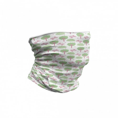 Forest Neck Gaiter, Trees Bushes Butterflies, Unisex, Pink and Pale Green, by Ambesonne