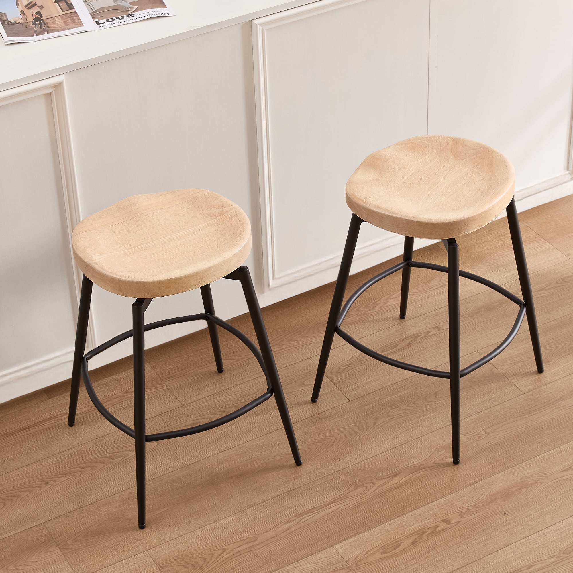 Zesthouse 25″ Swivel Counter Stools Set of 2, Mid-Century Backless Counter Height Barstools with Metal Legs, Solid Rubber Wood Bar Chairs for Kitchen Island, Natural