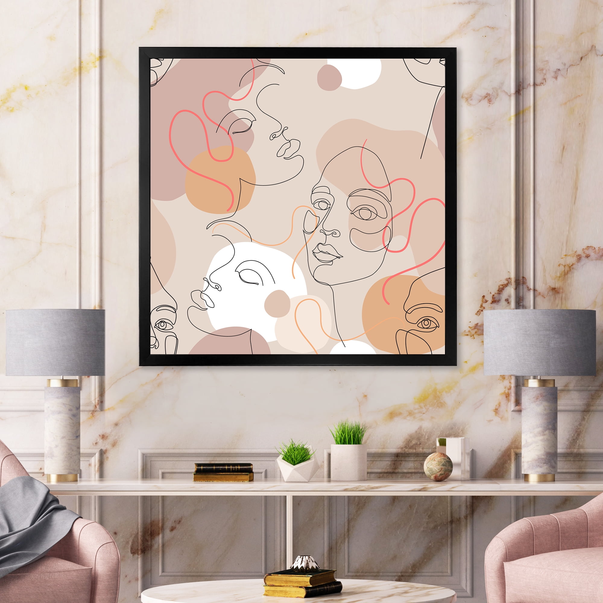 Designart 'Abstract Woman Portraits With One Line ' Modern Framed Art Print