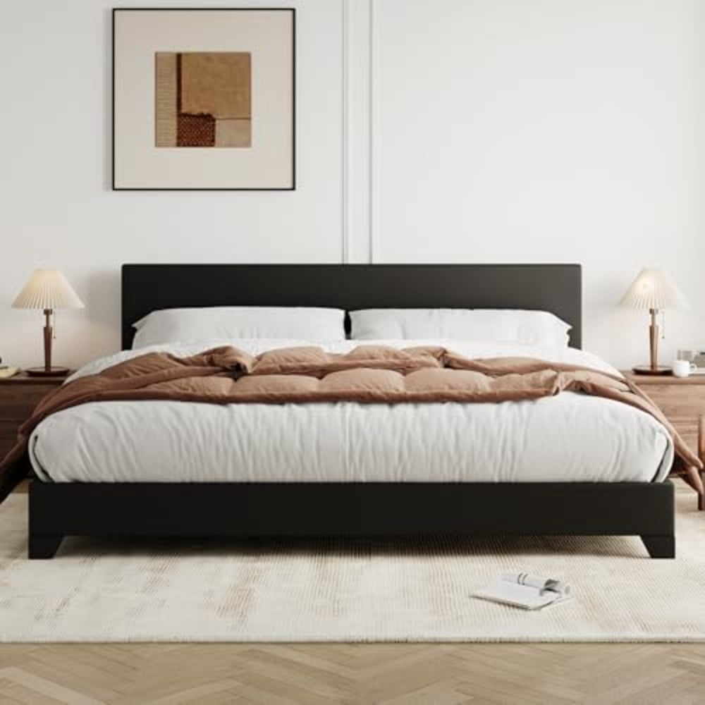 King Size Bed Frame with Adjustable Headboard, Faux Leather Platform Bed with Wood Slats, Heavy Duty Mattr Foundation, No Box Spring Needed, Noise-Free, Ey sembly, Bla