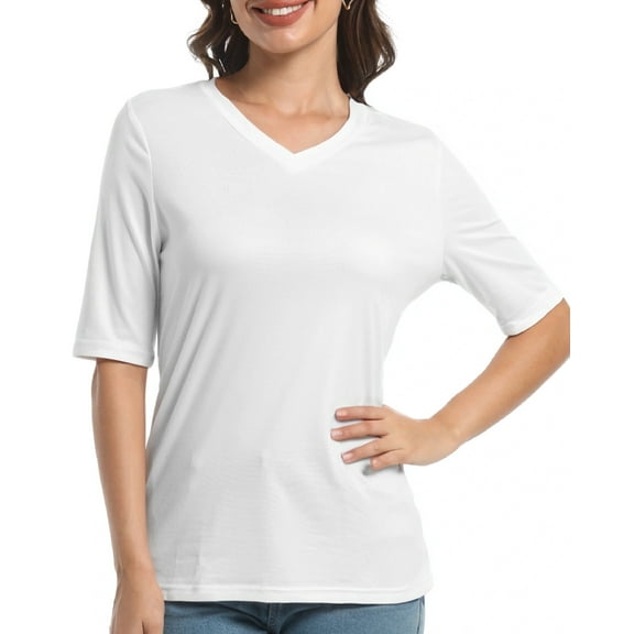 Casual V Neck T-Shirts for Women, Trendy Half Sleeve Elbow Length Tops