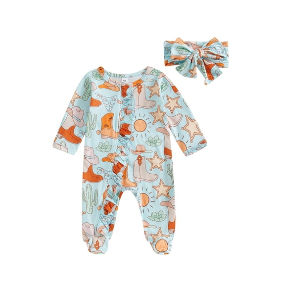 BemeyourBBs Newborn Baby Girls Western Cowgirl Outfits Ruffle Footed Romper Long Sleeve Boots Print Zipper Footie Jumpsuit Headband Spring Fall Winter Clothes