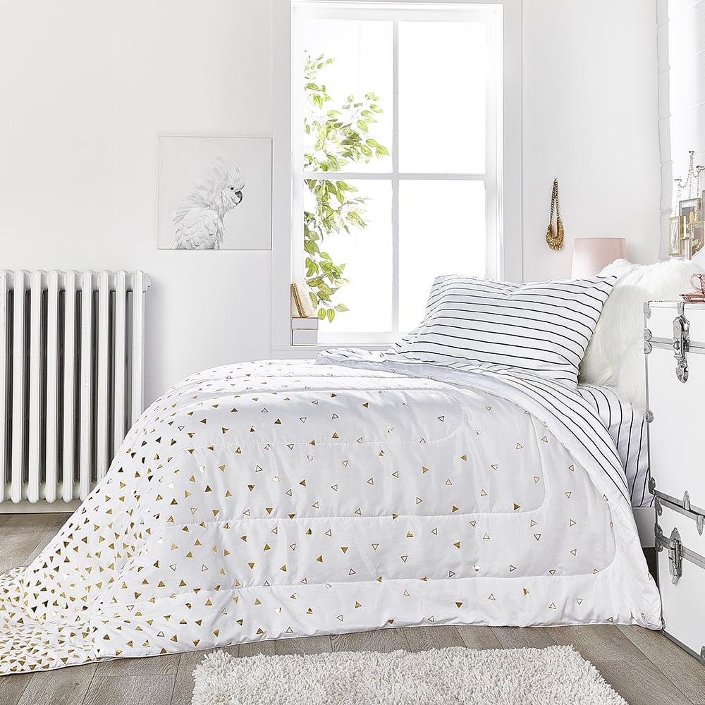 OCM College Dorm 7Piece Bedding Bundle in Zoey Gold, Stripe & White
