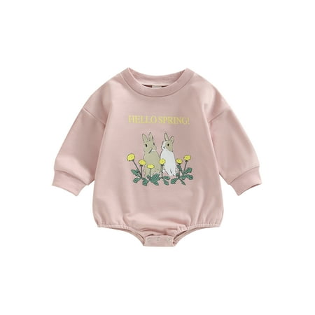 

Seyurigaoka Baby Boys Girls Spring Romper Tops Long Sleeve Round Neck Bunny Letter Print Bodysuit for 0-18M Toddler Kids