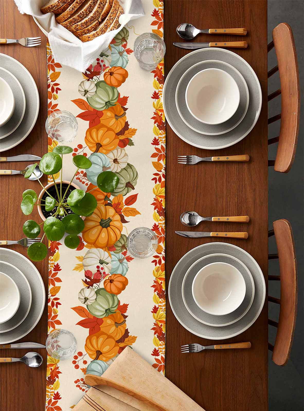 Fall Burlap Cotton Table Runner 14x72 Inches Long, Orange Blue Pumpkins Thanksgiving Farmhouse Maple Leaf Farmhouse Table Runners, Outdoor Dining Tablecloths Decor for Baby Shower/Party/Wedding