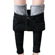 Women Solid Color Jeans with Inner Fleece Adults High Waisted Thermal Trousers with Pockets