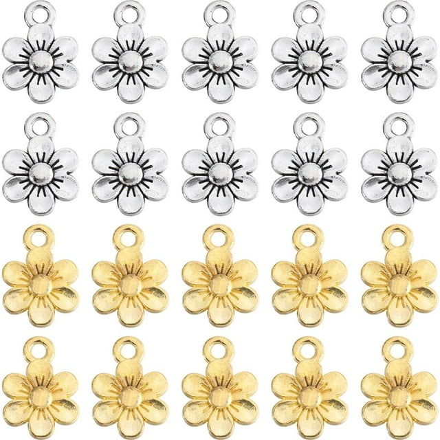 1 caja con 100 dijes de flores doradas y plateadas. Dije floral de aleación de metal plateado y dorado. Lindo dije pequeño de flor de planta primaveral.