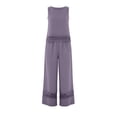 thumbnail image 5 of Floleo Women's 2-Piece Linen Blend Outfit Set Sleeveless Lace Trim Top & Elastic Waist Wide Leg Pants Casual Summer Set for Beach Travel Daily Wear(Purple,M), 5 of 8