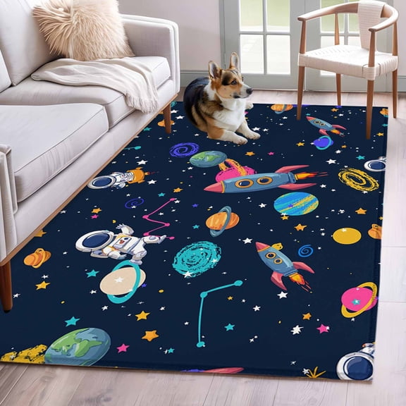 Navy Blue Space Area Rugs 2.7'x5', Washable Small Throw Rugs for Kitchen Bedroom, Rocket Planet Star Colorful Indoor Outdoor Rug Non-Slip Low Pile Carpet Runner Reversible Floor Mats