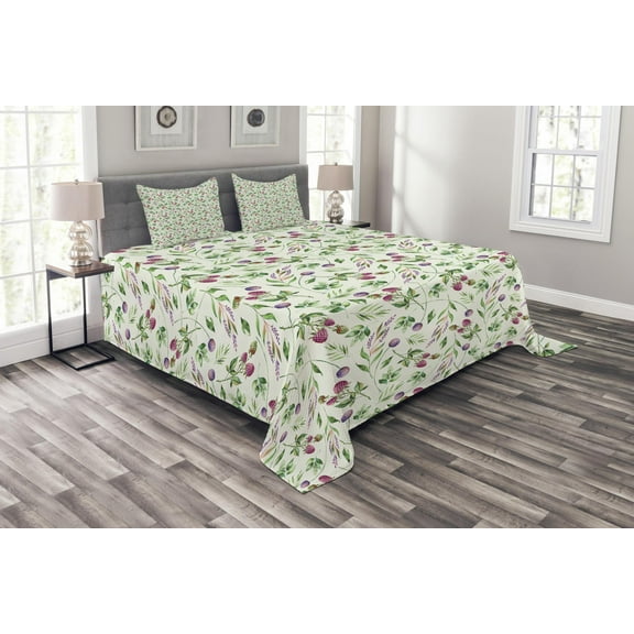Ambesonne Garden Quilted Bedspread Set 3 Pcs, Raspberry Leaves Petals, King Size, Pink Fern Green Violet