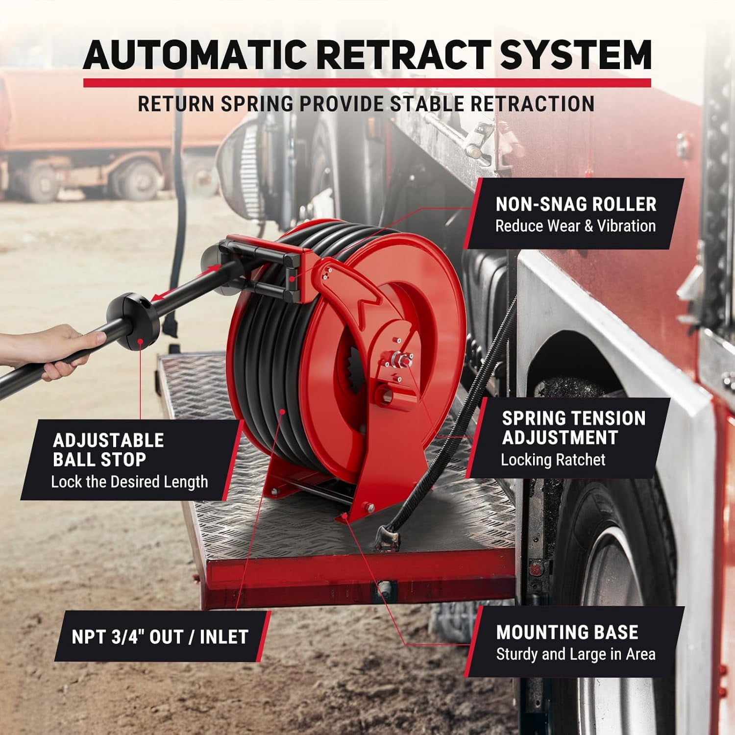 XUTUMM Diesel Fuel Hose Reel Retractable 3/4" x 50' Adjustable Dual Arm, All-weather, Auto Rewind, Heavy Duty Steel, with Fueling Nozzle for Aircraft Ship Vehicle Tank Truck, 300 PSI