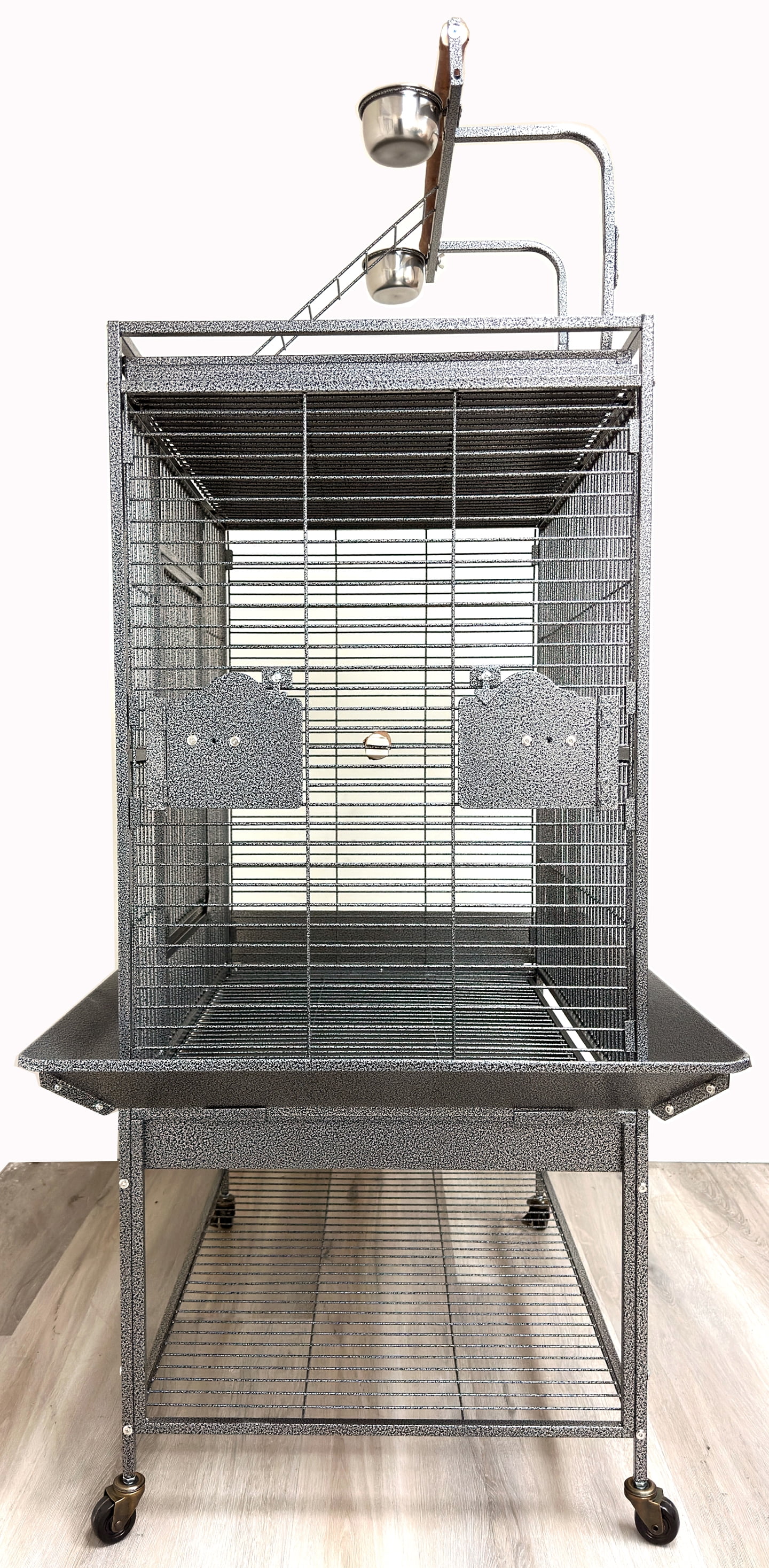 Extra Large 32" x 23" x 69"H Elegant and Durable Wrought Iron Double Ladders Open Play Top Bird Parrot Rolling Cage, Include Stainless Feed Cups Natural Wooden Stand Perch Seed Guard