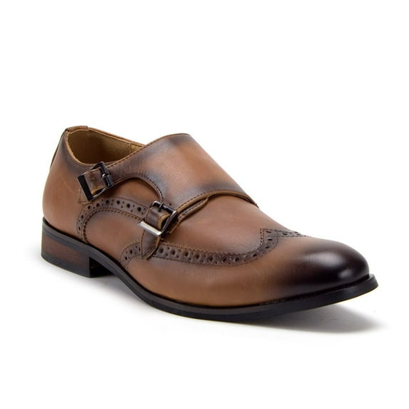 J'aime Aldo Men's C-390 Wing Tip Double Monk Strap Loafers Dress Shoes, Cognac, 6.5