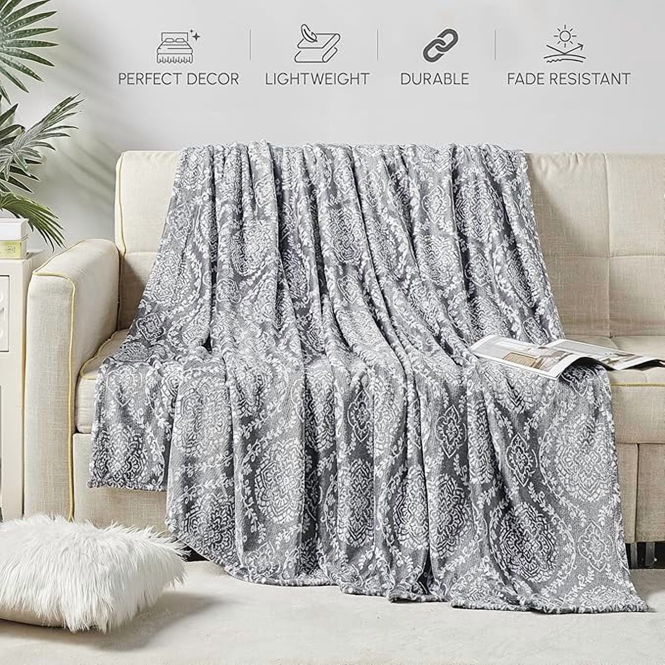 Elegant Comfort Soft Print Flannel Fleece Bed Blanket, Cozy-Fuzzy Lightweight Bedspread Coverlet, All season Decorative Blanket for Couch, Sofa, Ogee Design, King Size, Gracey
