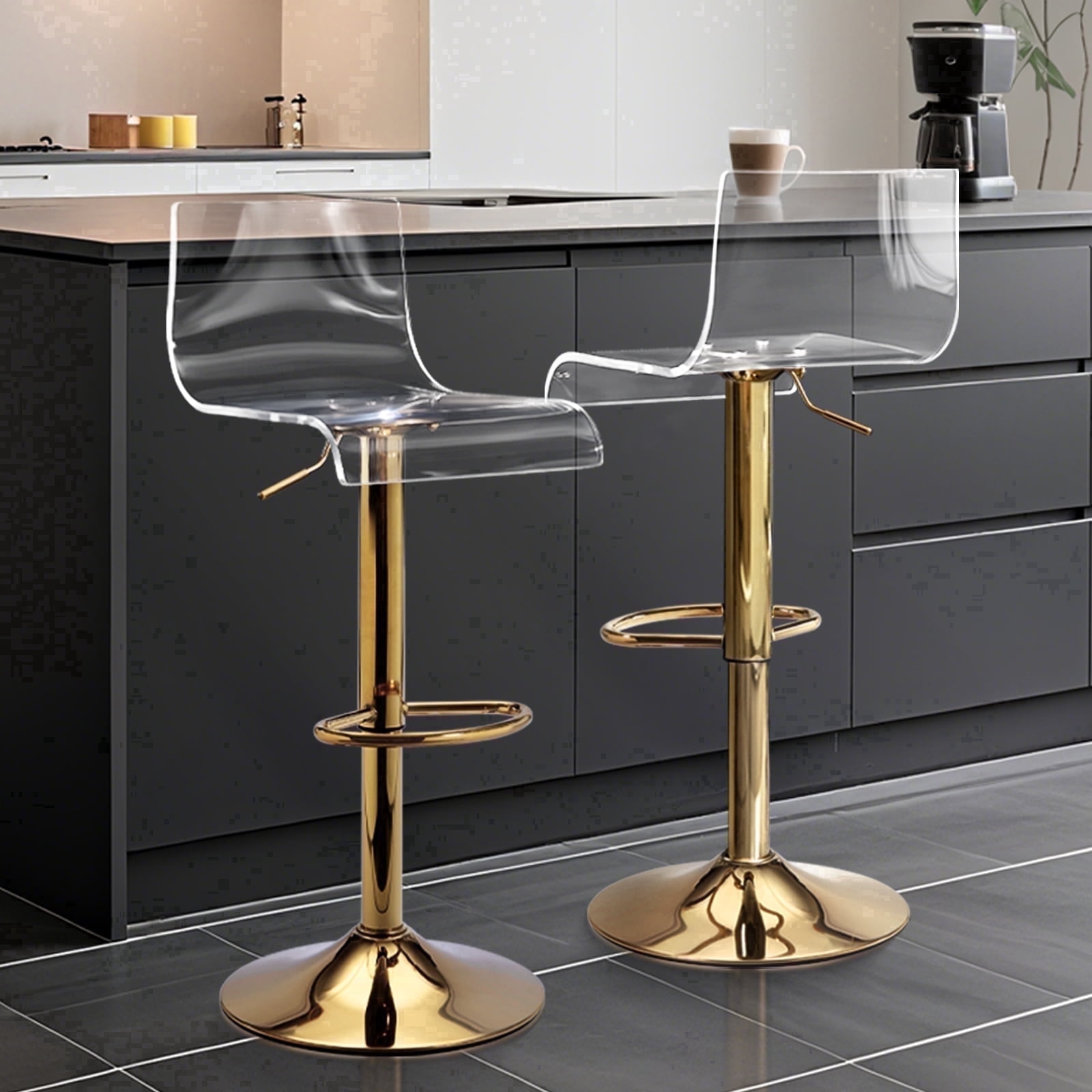 Golden Acrylic Adjustable Swivel Bar Stools, Set of 2 Mid-Back Modern Clear Chairs for Kitchen & Dining Room