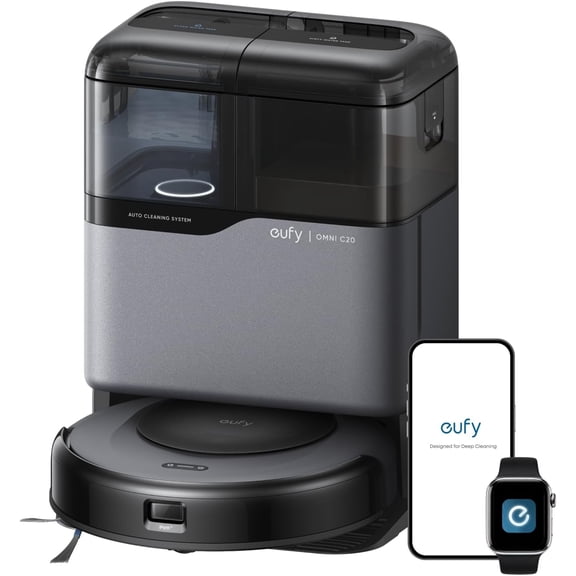 Restored eufy Robot Vacuum Omni C20, 7,000 Pa, 60 Days Self Emptying, Auto Mop Washing, Auto Drying, 3.35" Ultra Slim, Transparent Tanks, Robot Vacuum and Mop Combo