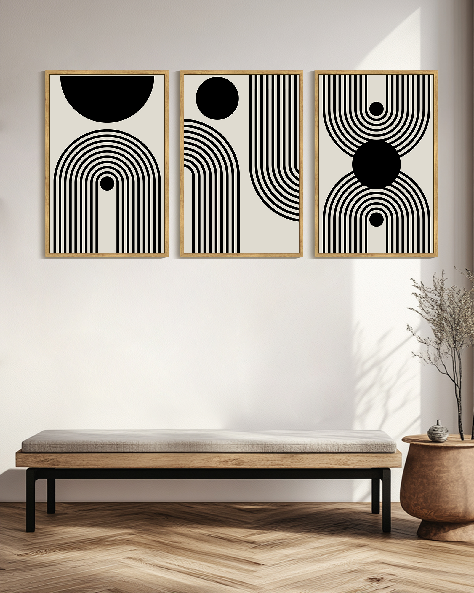 SHENIFY 24x36in3pcs Natural Framed Black Abstract Boho Wall Art Decor Bohemian Canvas Prints Ready To Hang