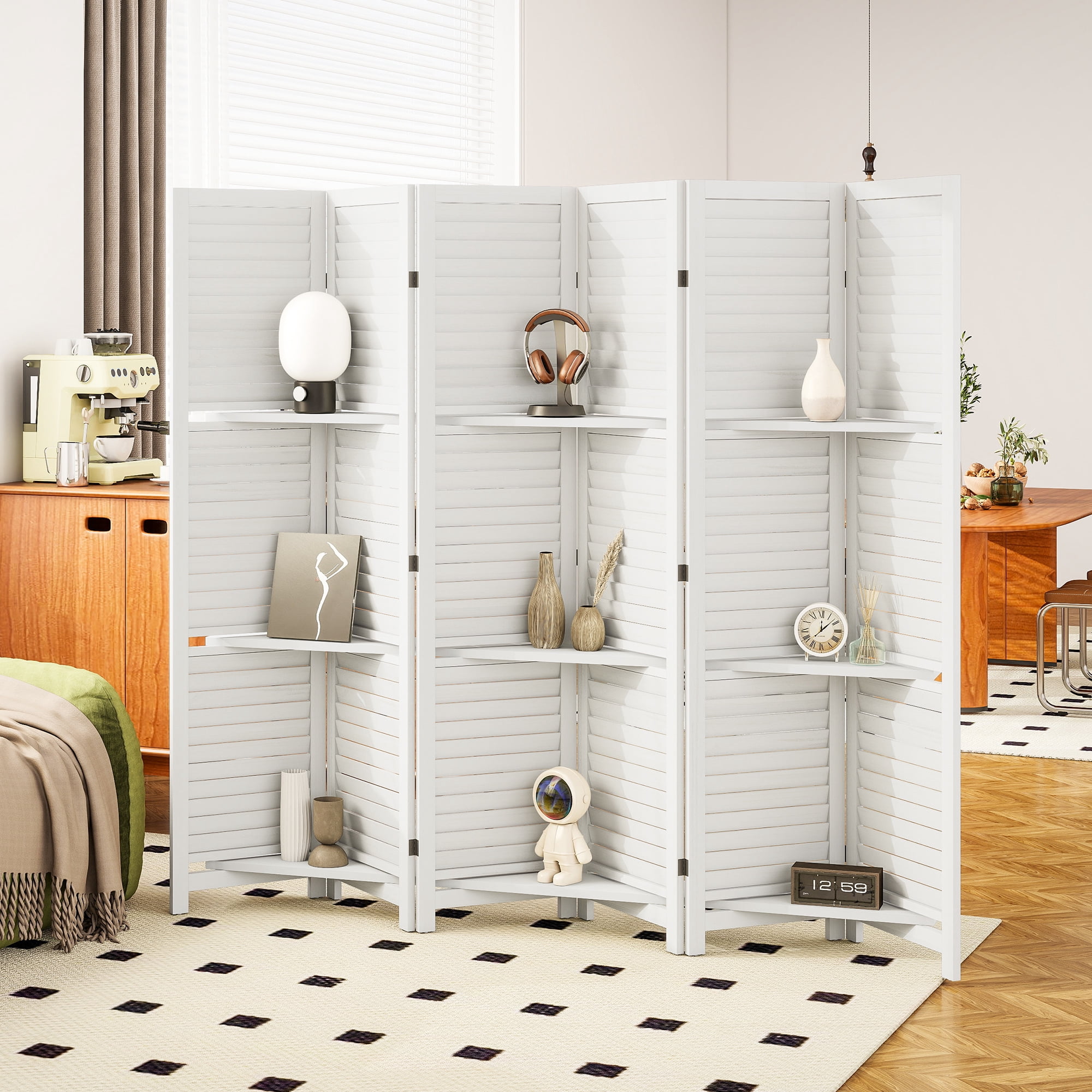 HOMCOM 6 Panel Privacy Screen, Room Divider with 3 Shelves White