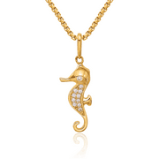 10K Solid Yellow Gold Cubic Zirconia CZ Seahorse Necklace Chain Pendant Charm with chain 16inch
