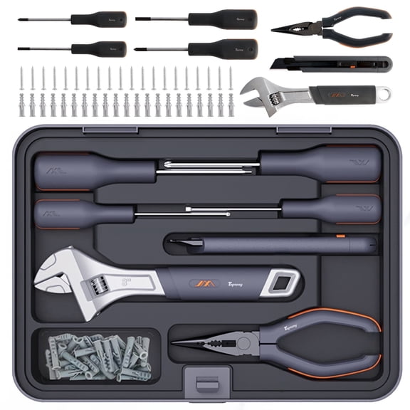 8 in 1 Tool Kit for Home, Hand Tool Set with Storage Box, General Basic Repair Tool Set with Screwdriver, Wrench, Wall Anchors, Utility Knife, Pliers