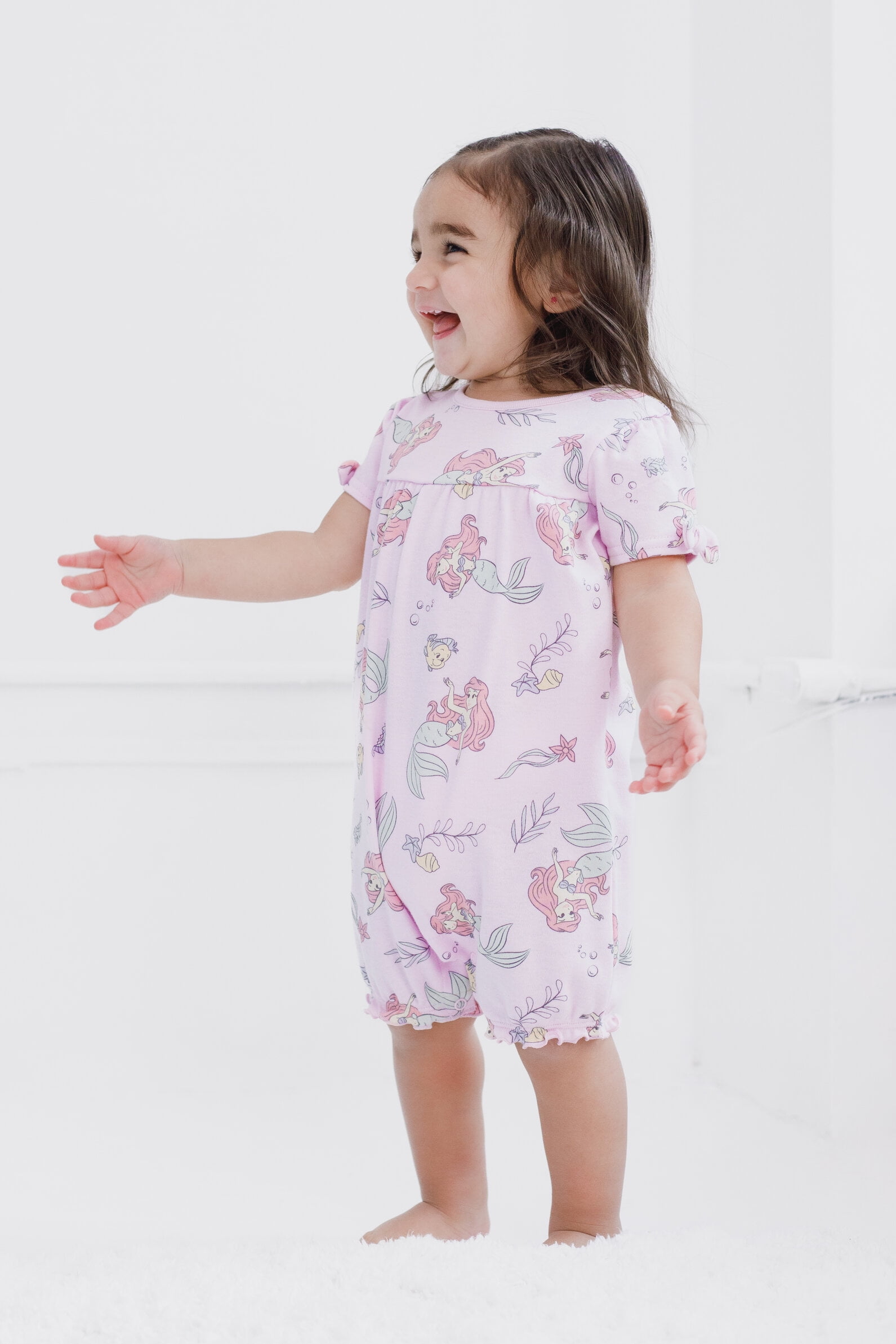 Disney The Little Mermaid Baby Girls' 2-Pack Short Sleeve and Sleeveless Bubble Romper Set Mint and Pink Ariel and Flounder