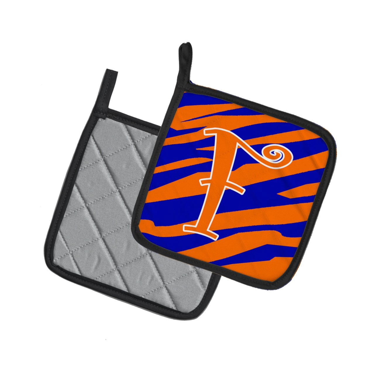 Carolines Treasures CJ1036-FPTHD Letter F Initial Tiger Stripe Blue and Orange Pair of Pot Holders, 7.5HX7.5W,