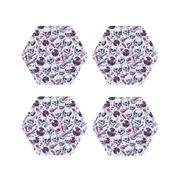 Vsdgher sous-Verres en Cuir Imprimé Crâne de Musique mike pour Boissons, Ensemble de 4 sous-Verres Durables pour Protection de Table, Décoration Intérieure Luxueuse et Cadeau de Pendaison de Crémaillère-Hexagone
