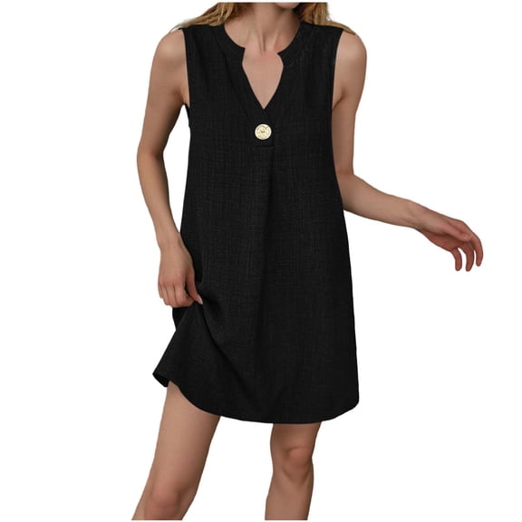 JGGSPWM Summer Dresses for Women Solid Color Button Loose Casual A Line Dress Sleeveless V-Neck Sundress Mini Dress Black XXL