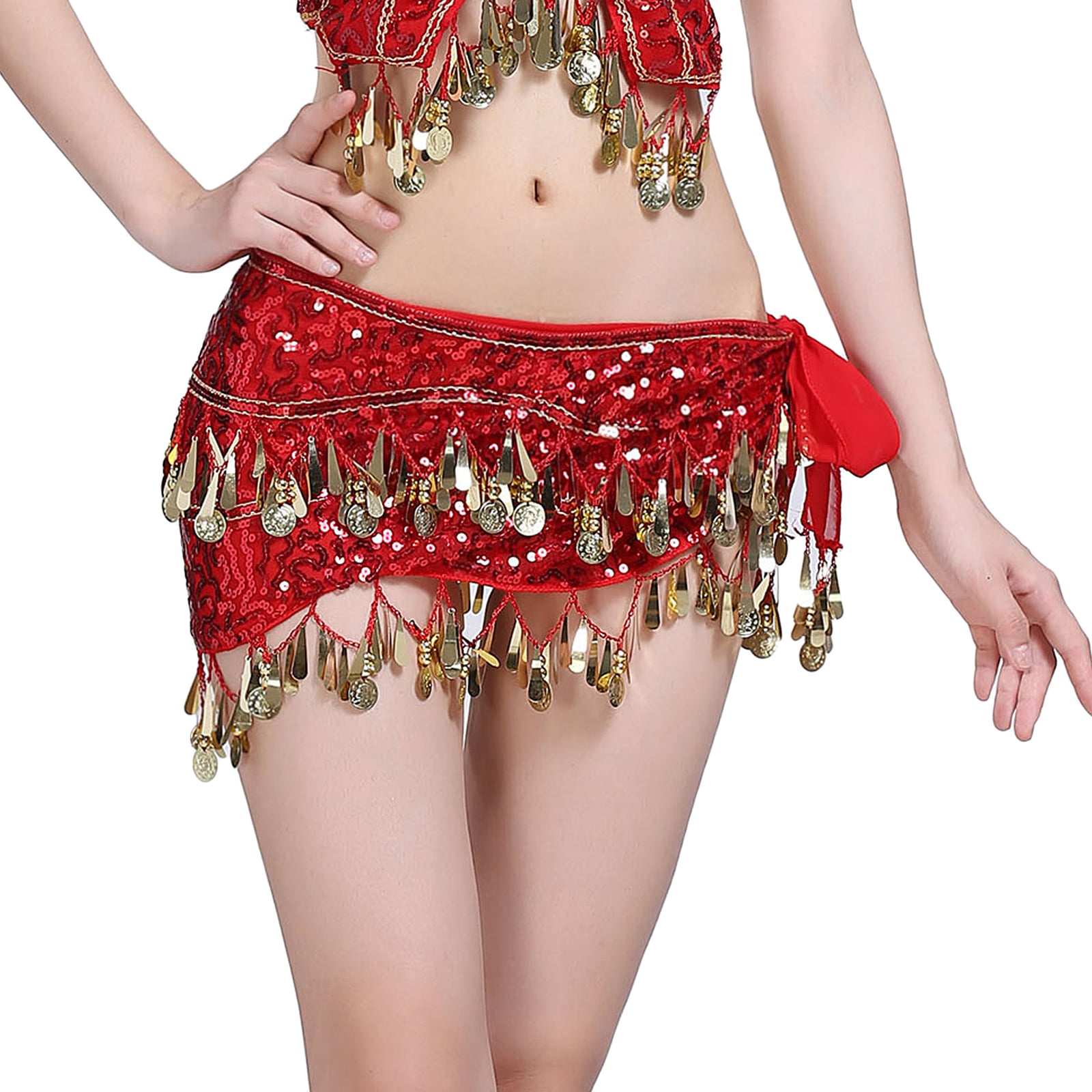7 Pieces Belly Dance Hip Scarf for Women Chiffon Dangling Belly Dance Hip Skirt Scarf Wrap Belt with Gold Coins 