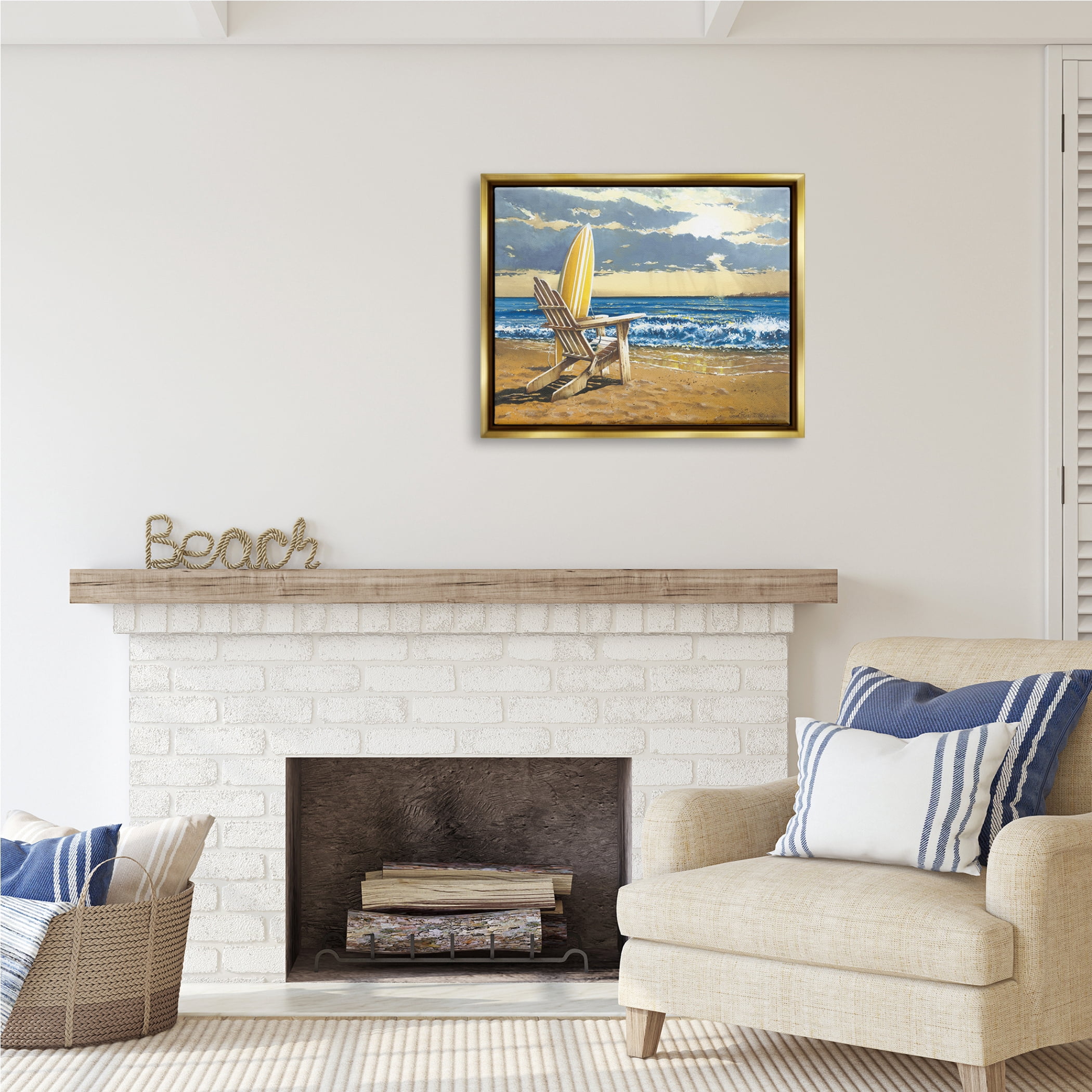 Stupell Industries Surfboard & Beach Waves Nature Painting Gold Floater Framed Art Print Wall Art, 31 x 25
