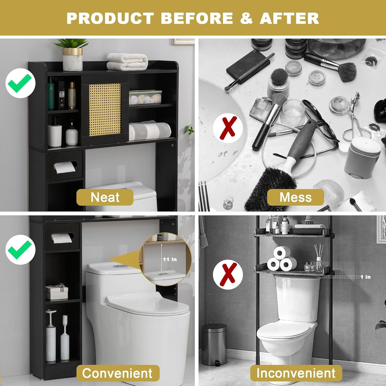 Reliancer 6-Tier Over The Toilet Storage Cabinet, Bathroom Space Saver Organizer Shelves with Sliding Door, Adjustable Shelves