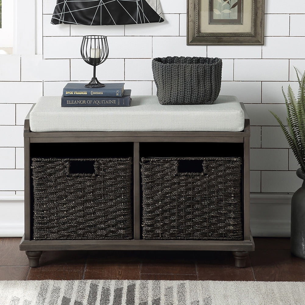 Private Jungle Homes Collection Wood Wicker Storage Bench with 2 Woven Baskets,Dark Gray Private Jungle Homes Collection Wood Wicker Storage Bench with 2 Woven Baskets,Dark Gray