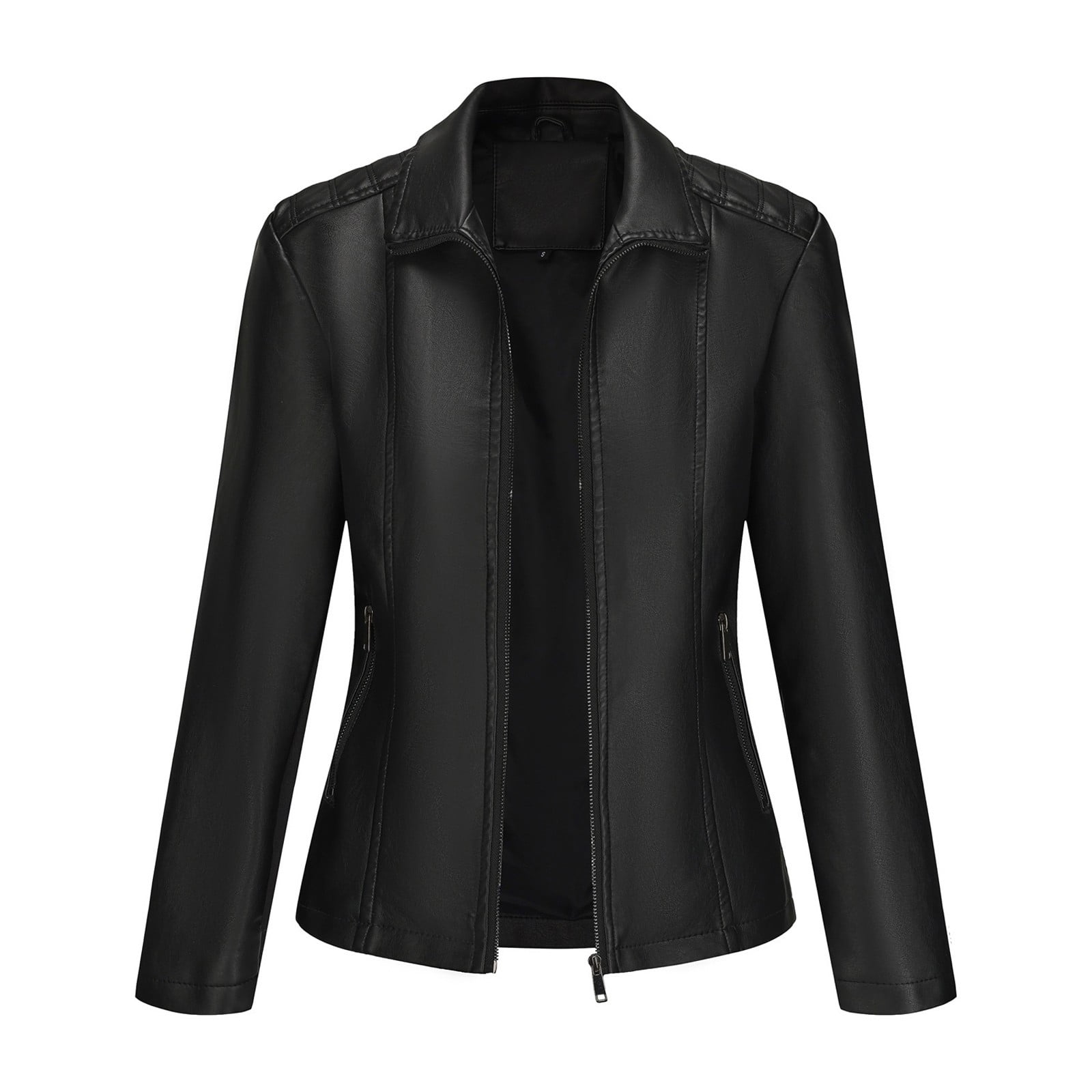 WTOBBY Women's Faux Leather Moto Jacket Short Coat Biker Style Casual Outerwear Solid Color Zippered Front with Stand Collar Edgy Street Look for Night Out,Black M