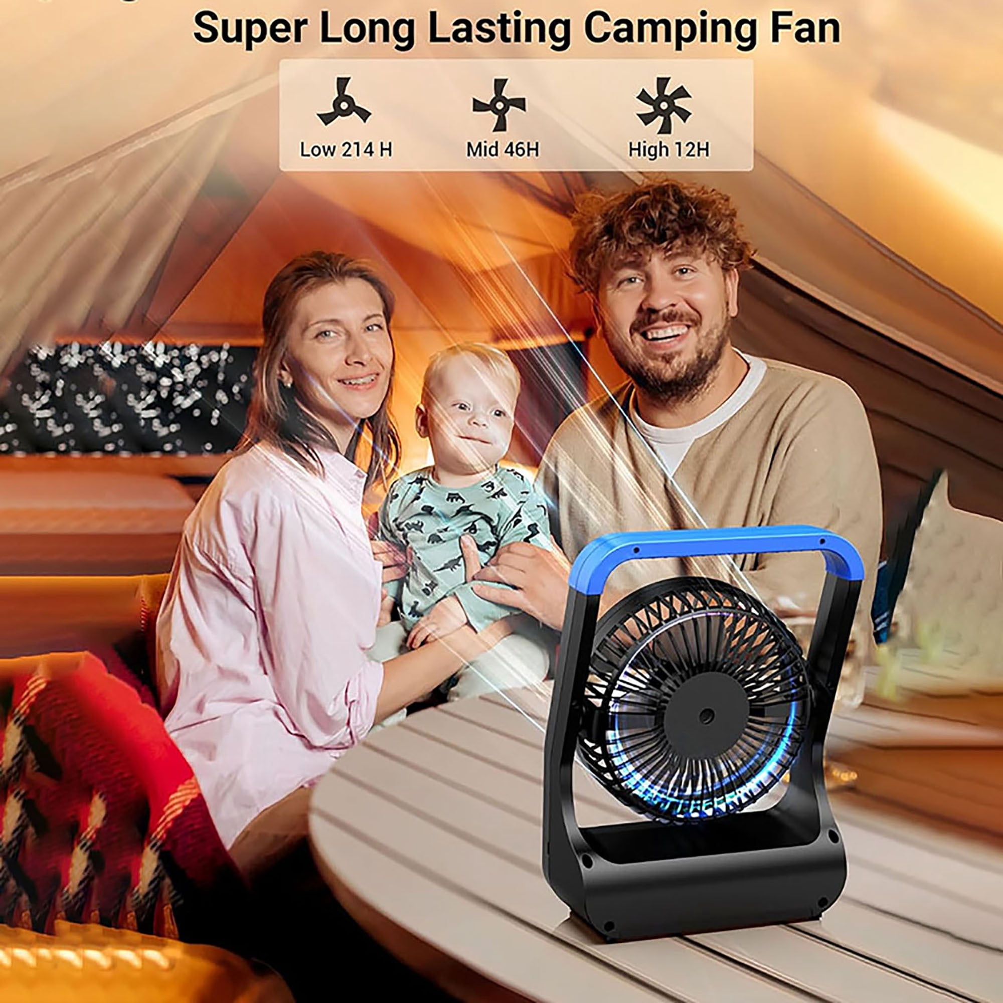 (2 pack) Gazeled Battery Operated Fan,Camping Fan, Super Long Lasting, Portable D-Cell Battery Powered Desk Fan with Timer,3 Speeds, Quiet, 180° Rotation,Cooling Fan for Bedroom,Home,Office,Outdoor, 5'',Blue