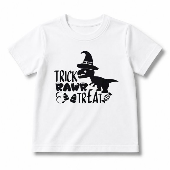 Boys Funny Halloween Shirt, Trick Rawr Treat Dinosaur Witch Hat Graphic Short Sleeve T-Shirt