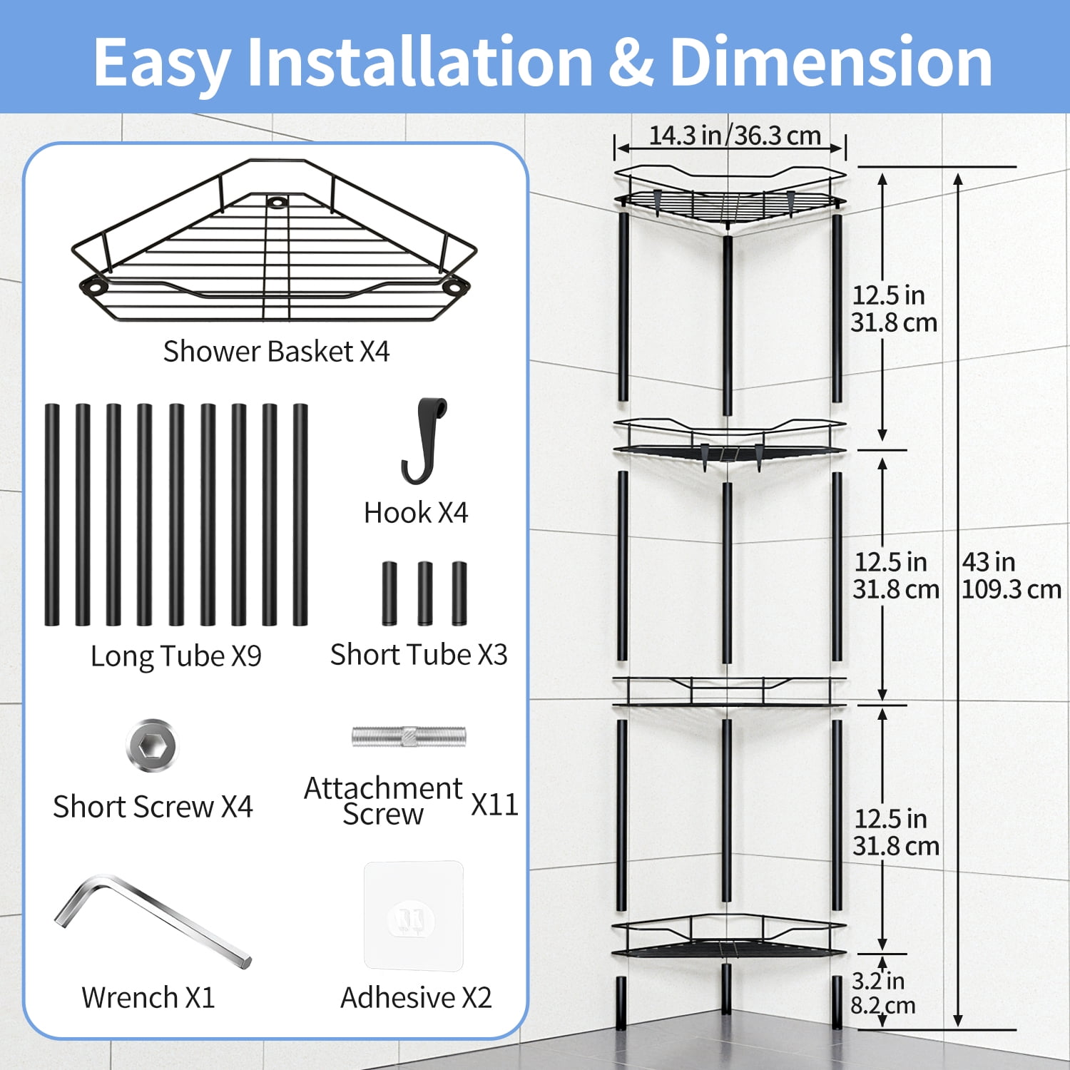 TINANA Corner Shower Caddy: 4 Tier Corner Shelf Organizer, Floor Standing Shower Caddy for Bathroom, Rest Room, Black