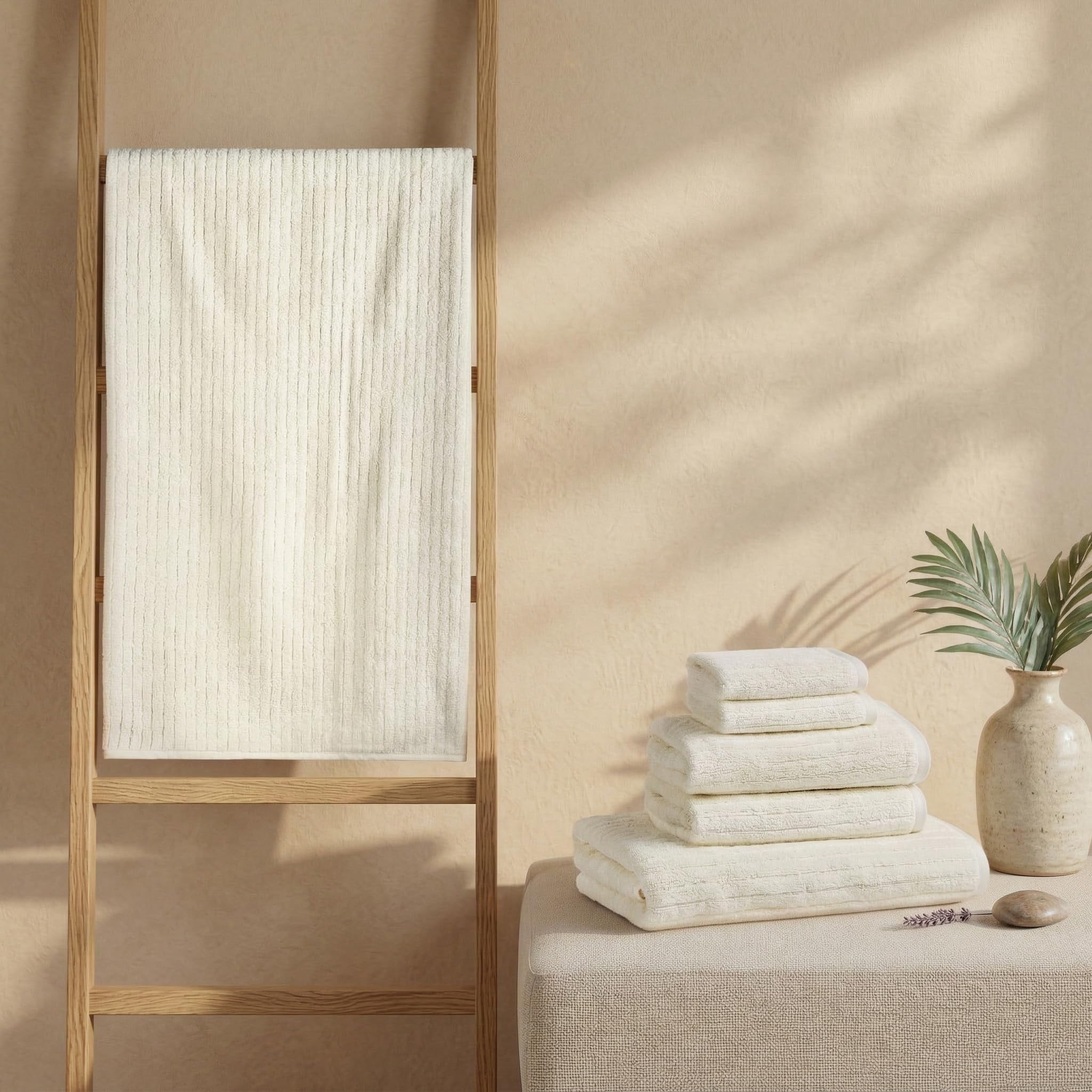 Bioweaves 100% Organic Cotton 6-Piece Luxury Bathroom Ribbed Towel Set GOTS Certified 700 GSM, 2 Bath Towel, 2 Hand Towel & 2 Wash Cloths - Ivory