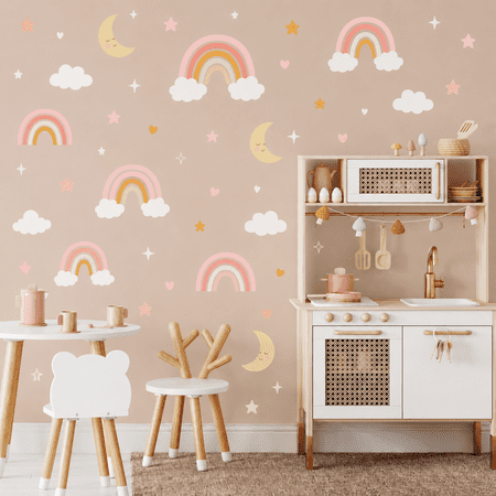 12 Sheet Rainbow Wall Stickers , Pink Beige Rainbow-Moon -Cloud- Star Nursery Wall Decals, Peel and Stick Baby Nursery Bedroom Playroom Home Decor for Kids(Room Decor, Removable)
