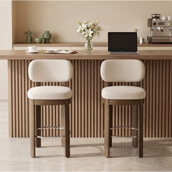 Guyou 26" Bar Stools Set of 2, Modern Linen Upholstered Counter Height Bar Stools, Farmhouse Armless Bar Chairs with Solid Wood Legs & Padded Back for Kitchen Island/Dining Room Bar, Beige