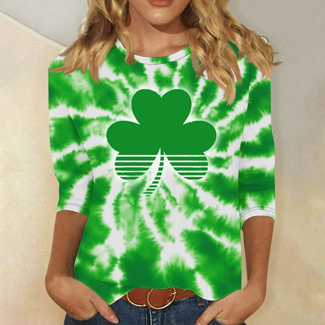 Nuoqisi T-Shirt de la Saint-Patrick pour Femmes Trèfle Irlandais Manches 3/4 Col Rond T-Shirts Jour de la Saint-Patrick Hauts