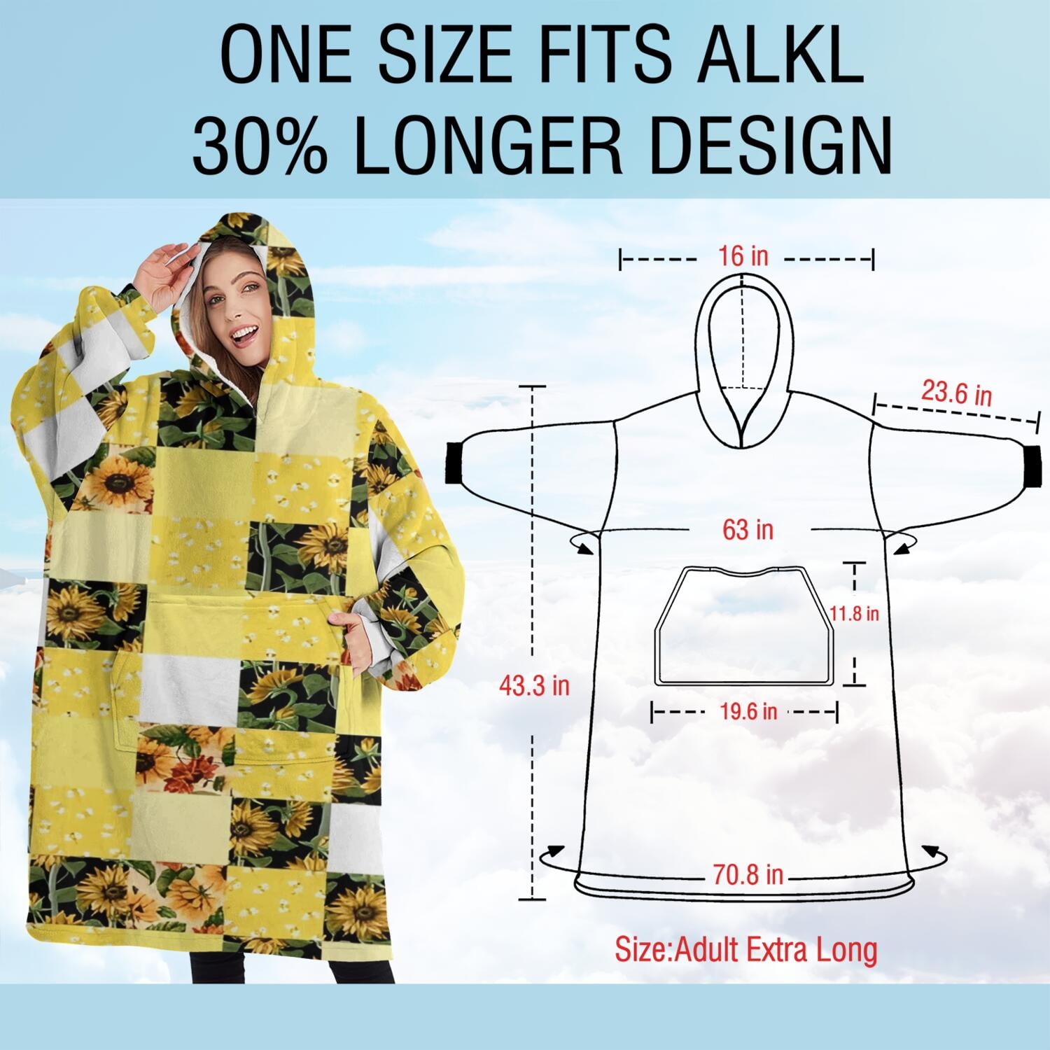 Oversized Wearable Blanket Hoodie,Yellow White Checker Sunflower Pattern Sherpa Blanket Hoodie with Super Pockets,Super Warm Fuzzy Pullover for Women & Men