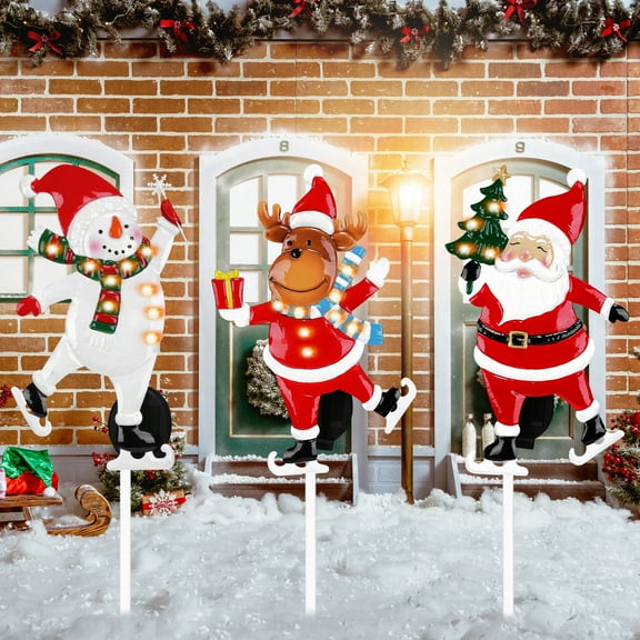 Christmas Garden Stakes with Santa, Snowman & Reindeer Set of 3, Snowman Christmas Outdoor Decorations with String Lights for Yard, Garden, Pathway, Porch