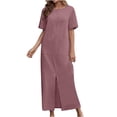 thumbnail image 1 of AherBiu Robes Grande Taille pour Femmes Été Décontracté Coton Lin Manches Courtes Fendue Robe Maxi avec Poches, 1 of 5