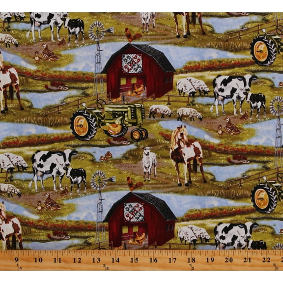 Cotton Sheep Lambs Horses Cows Animals Farmer Down on the Farm Cream Cotton Fabric Print by the Yard (9663-66)