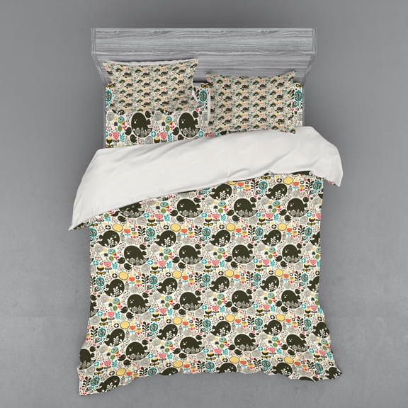 Ambesonne Art Bedding Set 4 Pcs, Birds Flowers Shapes, Queen, Multicolor