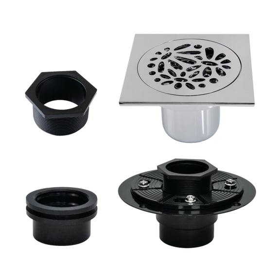 Kingston Brass BSFK6360C Watercourse 4-Inch Brass Square Grid Shower Drain with Hair Strainer and Base Flange in Polished Chrome
