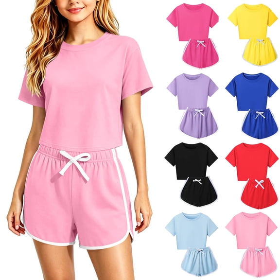 oelaio Girls Shorts Set Solid Casual Athletic Clothing Sets Kid Teen Girl Short Sleeve Tshirts and Drawstring Shorts 2 Piece Summer Outfits Blue 3-4 Years
