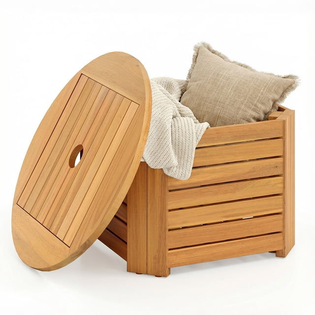 Gymax 2-in-1 Outdoor Side Table w/Storage Umbrella Hole & Removable Base for Backyard