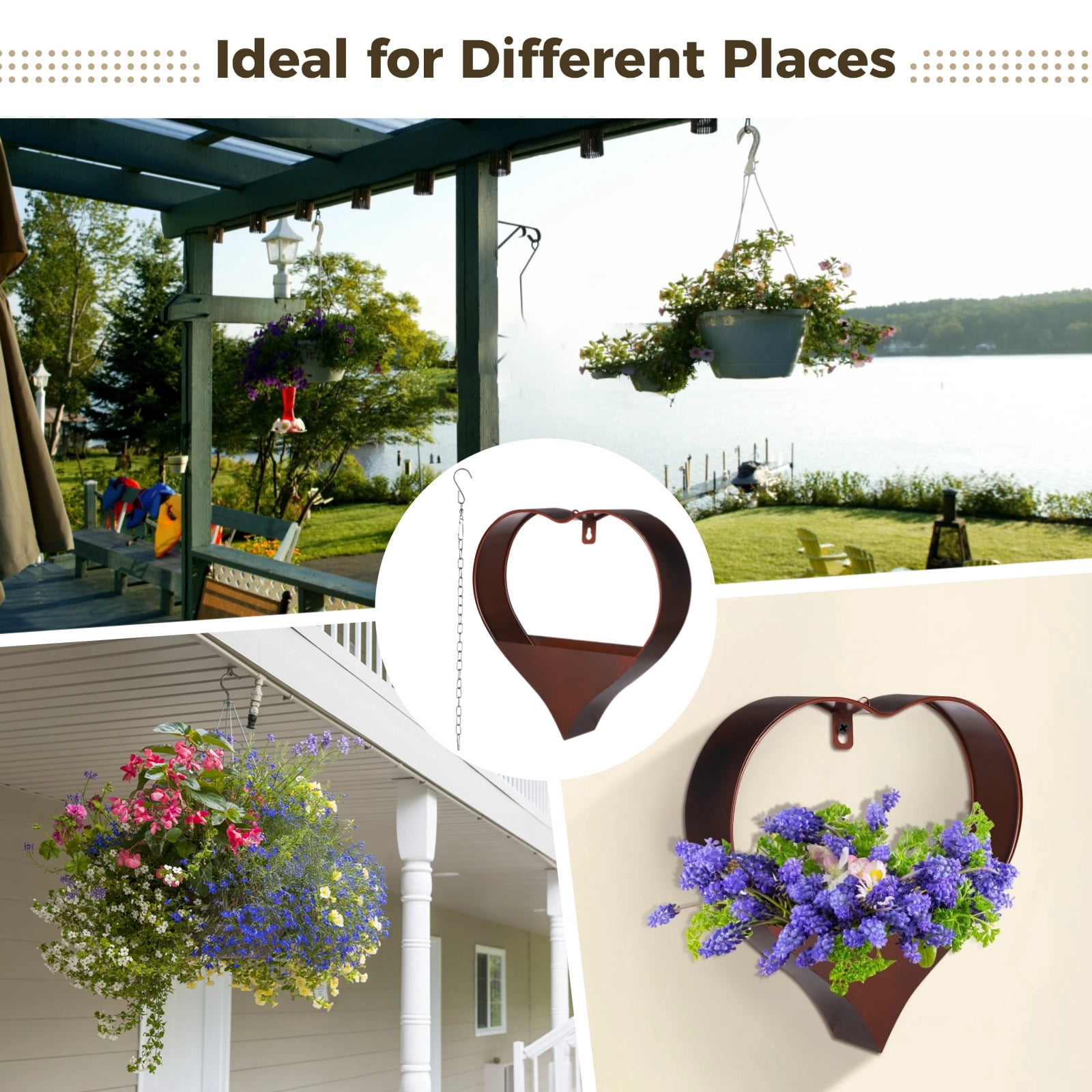 2 Pcs Heart-Shaped Metal Hanging Planters, Plant Hangers with Detachable Hooks and Chains, Rustic Coated Plant Stands for Indoor and Outdoor Use