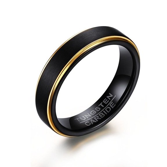 Black Tungsten Men's Wedding Band with Gold Edges | Stepped Edge Design | 5mm Comfort Fit Men's Engagement Ring | Lifetime Warranty